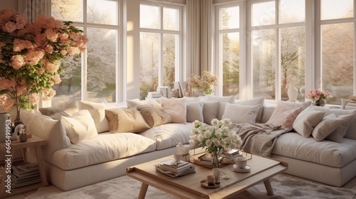 Generate an inviting living room with a large, sunlit window, casting warm, soft light on a comfortable sofa and a coffee table with fresh flowers