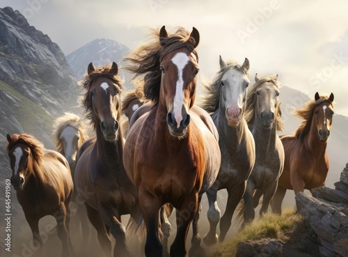 A group of galloping horses in the steppe