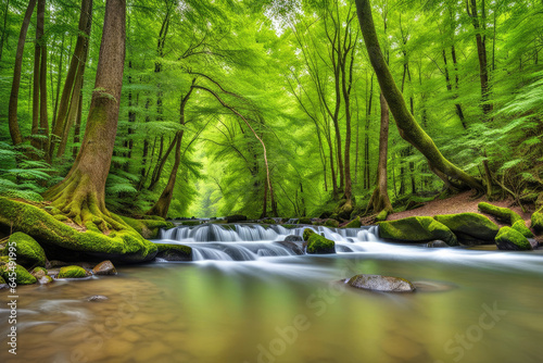 Scenic natural river landscape by green foliage of trees in the countryside forest