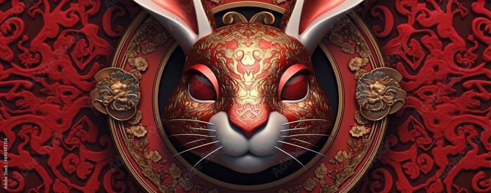 Naklejka premium Chinese new year of the rabbit on red colours. Created with Generative AI