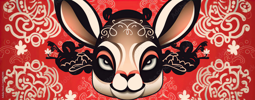 Chinese new year of the rabbit on red colours. Created with Generative AI