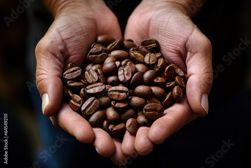 Freshly roasted coffee beans in hands. Wallpaper. Close-up view.