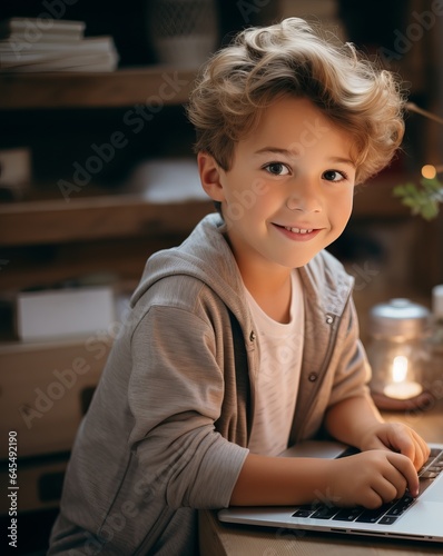Cute child studying near laptop at home, remote learning with modern technologies. Toddler at the computer, development and education for children.