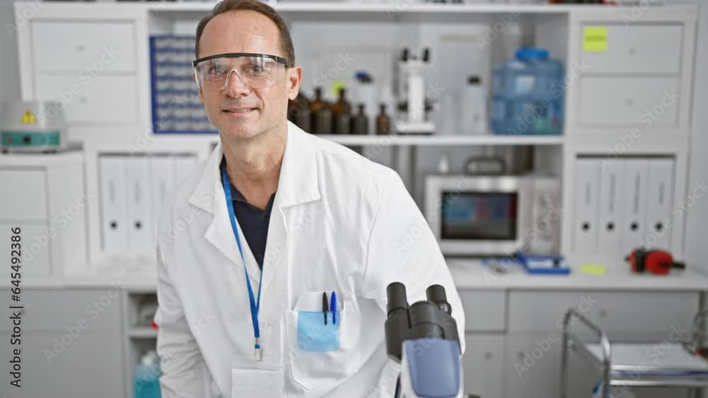 Confident, smiling middle age man, a scientist, standing up joyfully amid his medicine research in the lab, immersed in the thrill of science. Confident, smiling middle age man, a scientist, standing up joyfully amid his medicine research in the lab, immersed in the thrill of science.