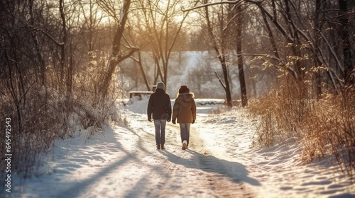 back view couple walking hand in hand in winter © maretaarining