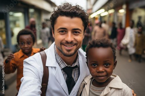 Portrait of African health professional pediatrician wearing white medical suit and a black kid boy smiling and looking at camera in street of South Africa after examining, treating child health care