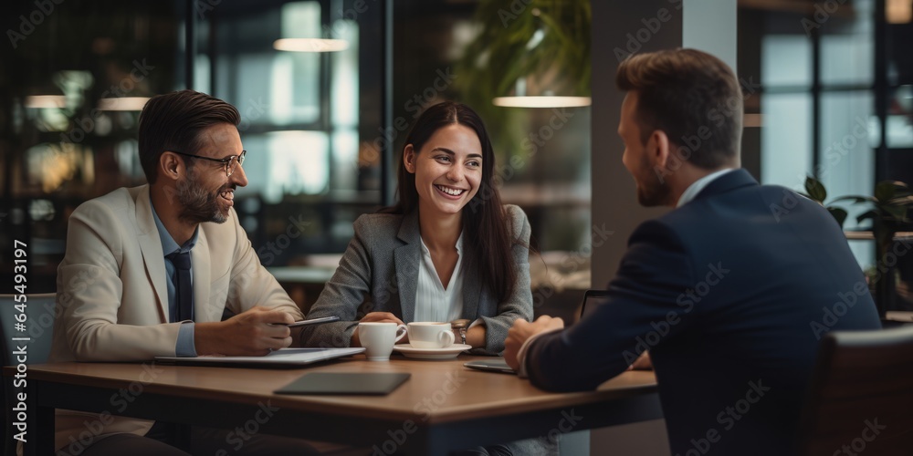 Businesspeople Engage in a Formal Conversation at a Modern Office Table, Demonstrating Effective Teamwork and Collaboration in a Corporate Meeting Setting Businesspeople Engage in a Formal Conversation at a Modern Office Table, Demonstrating Effective Teamwork and Collaboration in a Corporate Meeting Setting