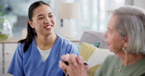 Wallpaper Mural Homecare, support and happy nurse with senior woman on sofa with funny, conversation and rehabilitation. Nursing home, kindness and lady caregiver with old female for physiotherapy, planning or humor Torontodigital.ca