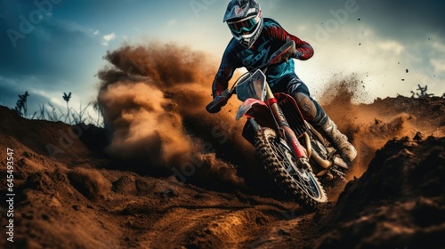 Motocross racer performing on a dirt track. Generative AI © piai