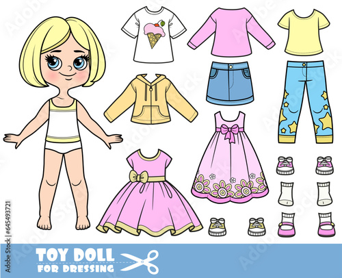 Cartoon blond girl with short bob and clothes separately -   dresses, shirts, long sleeve, skirt, sandals, jeans and sneakers