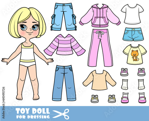 Cartoon blond girl with short bob and clothes separately -    shirts, long sleeve, sandals, jeans and sneakers