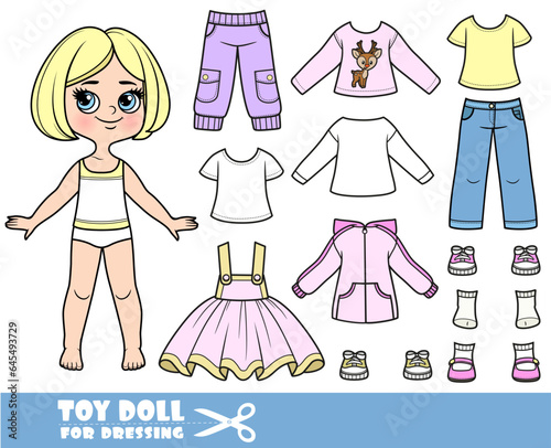 Cartoon blond girl with short bob and clothes separately -   shirts, long sleeve, breeches, skirt, sandals, jeans and sneakers