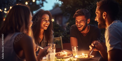 Group of Friends Sharing a Joyful Dinner Outdoors on a Summer Night  Embracing Togetherness  Culinary Delights  and Festive Atmosphere in a Celebration of Friendship and Cultural Diversity