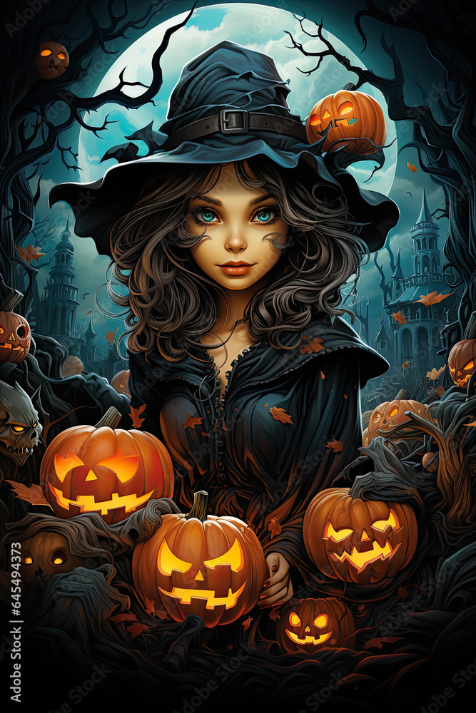 Halloween poster illustration of cute sensual witch with creepy Gothic house, glowing scary pumpkins, candles in dense forest illuminated by full moon
