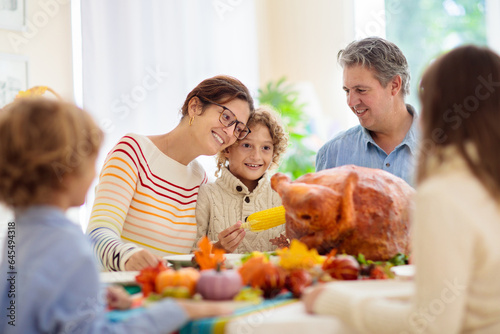 Thanksgiving family dinner. Roasted turkey meal.