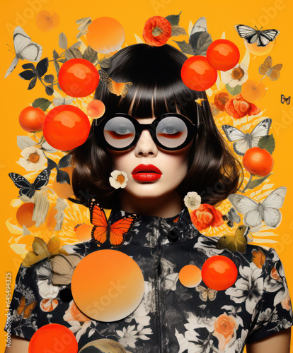 Mixed-Media colorful portrait of woman in modern sunglasses with different collage elements in orange background. Generative AI photo