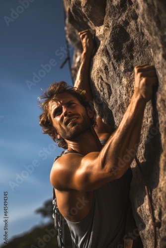 Young man climbing on overhanging cliff rock. Generative AI