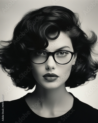 vintage studio photo of a female model wearing glasses in the studio