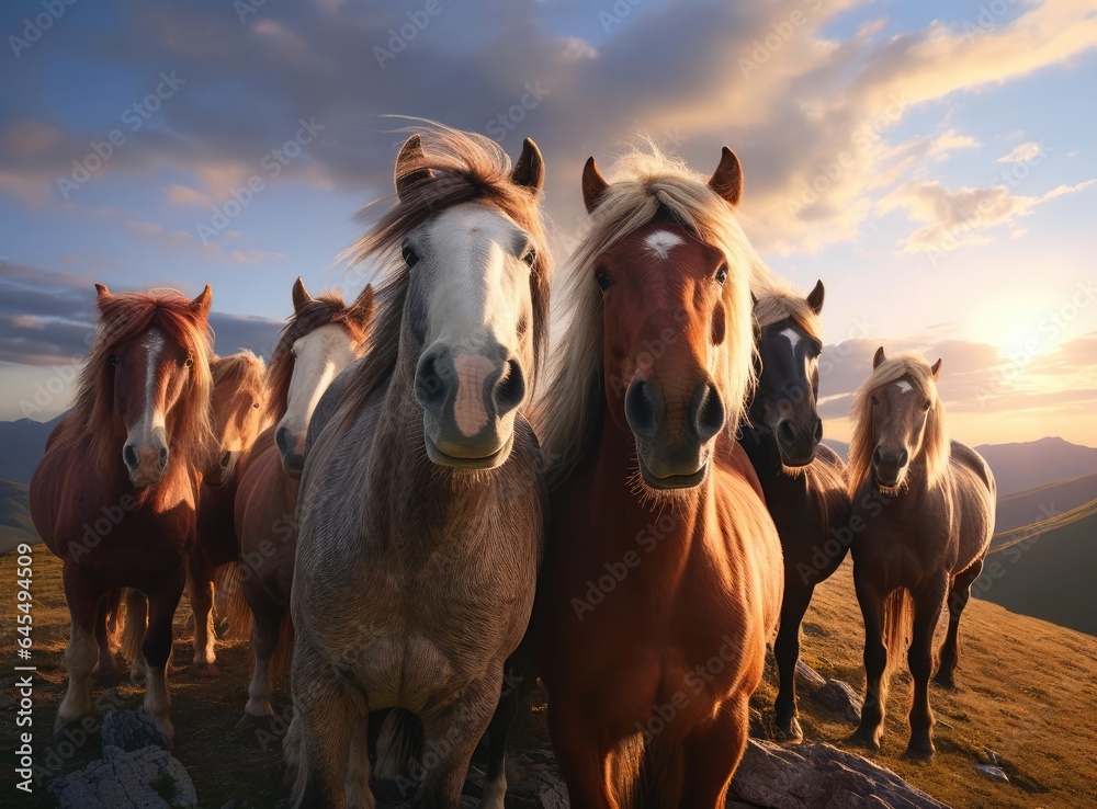 A group of galloping horses in the steppe