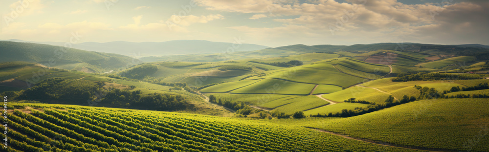 Aerial view over vineyard fields, rolling hills nature landspace Aerial view over vineyard fields, rolling hills nature landspace