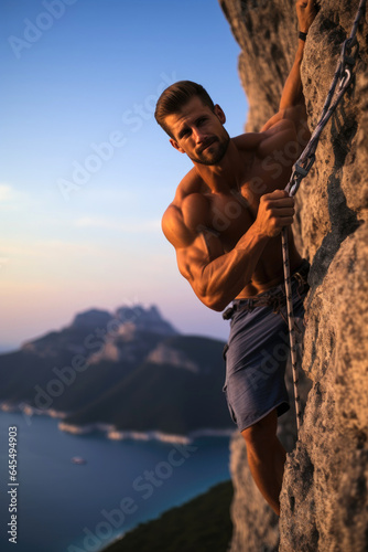 Young man climbing on overhanging cliff rock. Generative AI