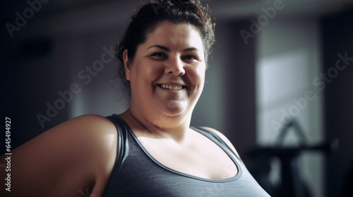 AI Generated Image of smiling plus-size woman in sportswear looking at camera while enjoying gym photo