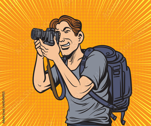 Photographer, man holding a camera preparing to record a photo. Pop art hand drawn style vector design illustrations.