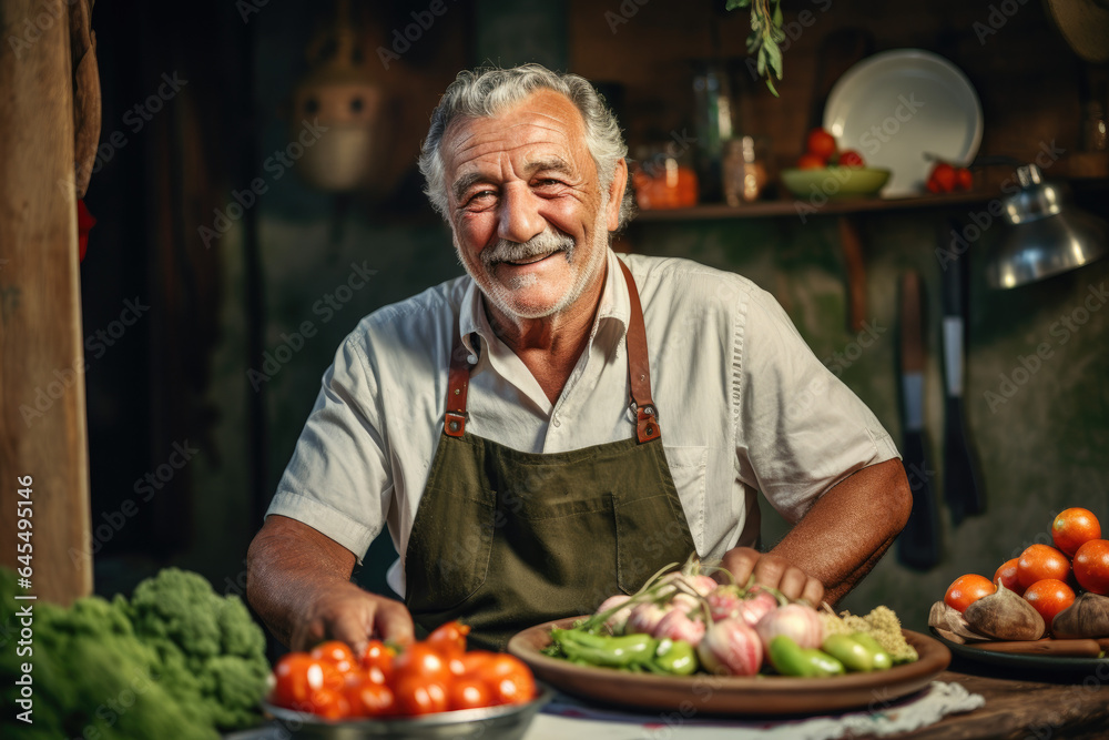 Aging man smiling happily while preparing food Aging man smiling happily while preparing food