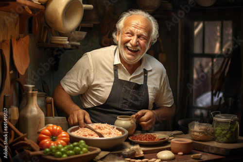 Aging man smiling happily while preparing food