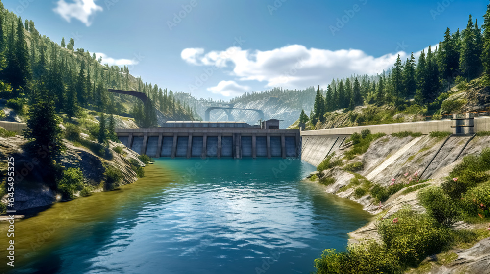 a dam on a river in a mountain landscape
