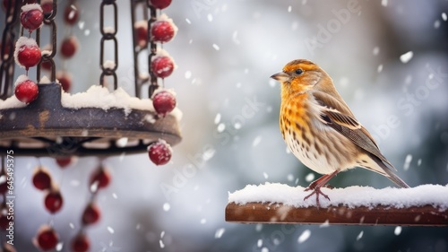 a charming little garden bird perched at a bird feeder, surrounded by a snowy garden landscape. The scene conveys the resilience and beauty of nature in winter.