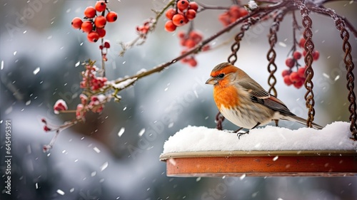 a charming little garden bird perched at a bird feeder, surrounded by a snowy garden landscape. The scene conveys the resilience and beauty of nature in winter.