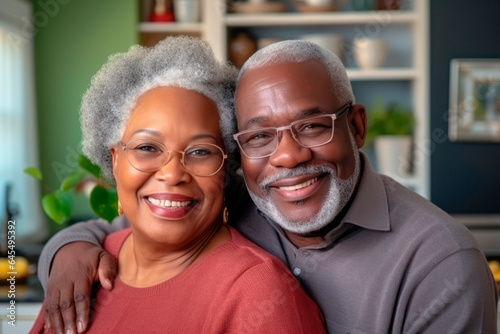 Timeless Love: A Happy Senior Black Couple Grinning in a Cherished Family Portrait.