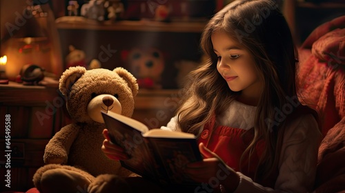 a young girl  surrounded by the comfort of her home  engrossed in reading a magic book while her teddy bear toy sits beside her. The scene is a testament to the enchantment of storytelling.