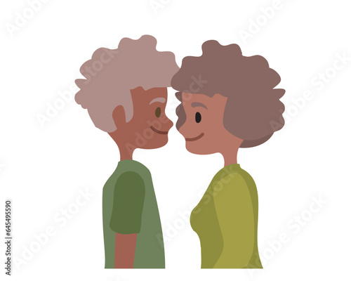 Man and woman looking at each other romantically. Valentine Day. Middle aged black couple in love looking at each other affectionately. Flat vector illustration isolated on transparent background.