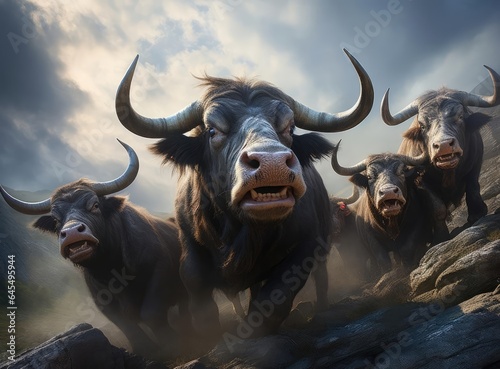 A group of bulls looking at the camera