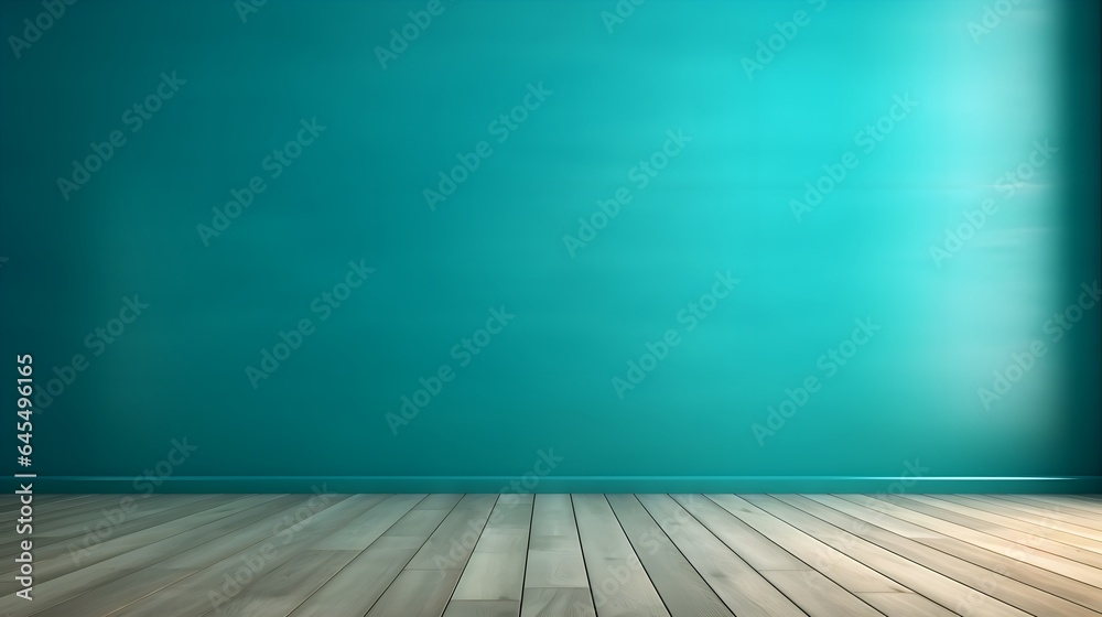 Turquoise Oasis: Interior Background with Glare on Empty Wall and Wooden Floor, Product Presentation, Background Turquoise Oasis: Interior Background with Glare on Empty Wall and Wooden Floor, Product Presentation, Background