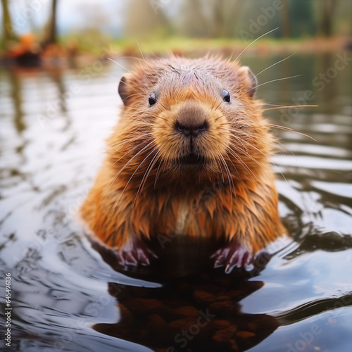 Ultra HD Image: Adorable Fluffy Baby Beaver in a Serene Lake Setting