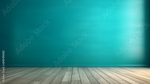 Turquoise Oasis: Interior Background with Glare on Empty Wall and Wooden Floor, Product Presentation, Background