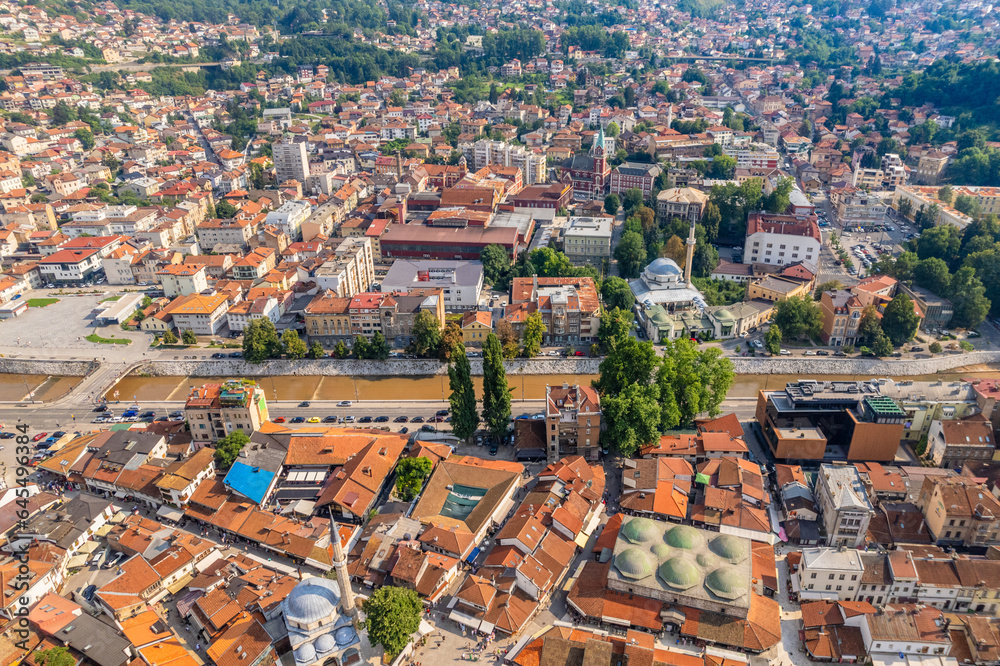 Bascarsija old bazaar streets with Miljacka river aerial view, Sarajevo,  Bosnia and Herzegovina