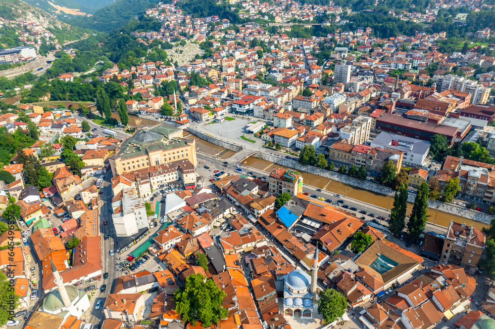 Bascarsija old bazaar streets with Gazi Husrev-beg Mosque and Miljacka river aerial view, Sarajevo,  Bosnia and Herzegovina