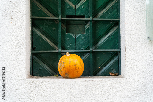 The pumpkin lies under the window creating a festive atmosphere