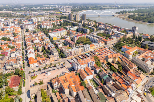 Aerial panorama of residential districts of Novi Sad with Danube river to the left, capital of Vojvodina, Serbia