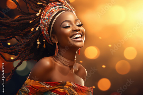 Beautiful happy smiling african woman dancing with flying braids