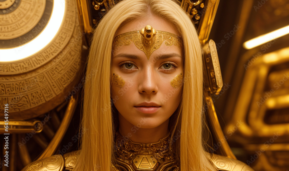 Obraz premium closeup of young beautiful blond queen with golden decorations on face looking at viewer ancient and futuristic gold decorations and light, generative AI