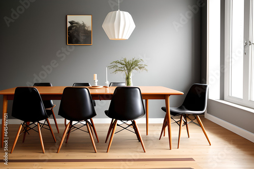 Black stylish classic scandinavian mid century modern wood and leather chairs luxury dining room