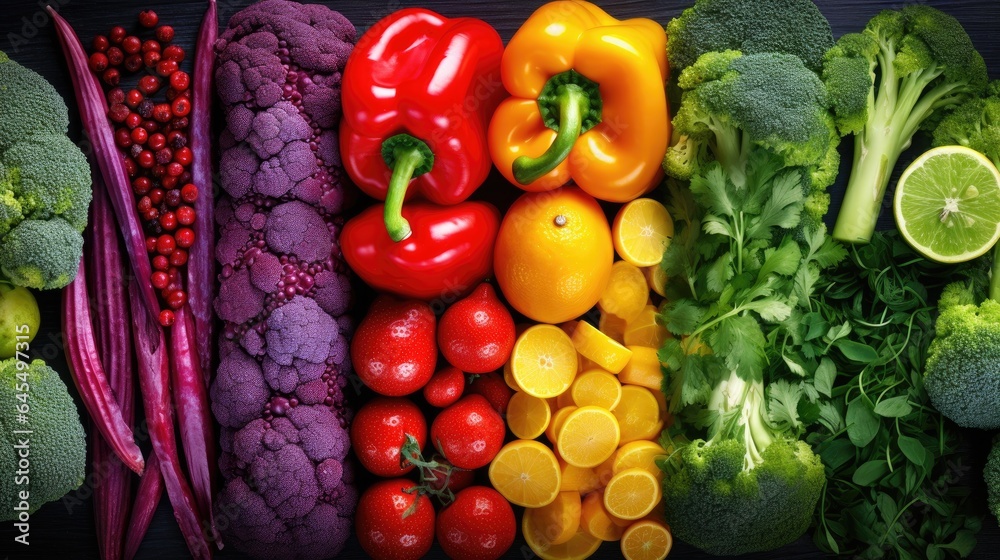 Background of vegetables, fruits and berries. Top view of stalls with organic plant products in the farmer's market or store. Products for a healthy diet. Bright colorful showcase. - obrazy, fototapety, plakaty 
