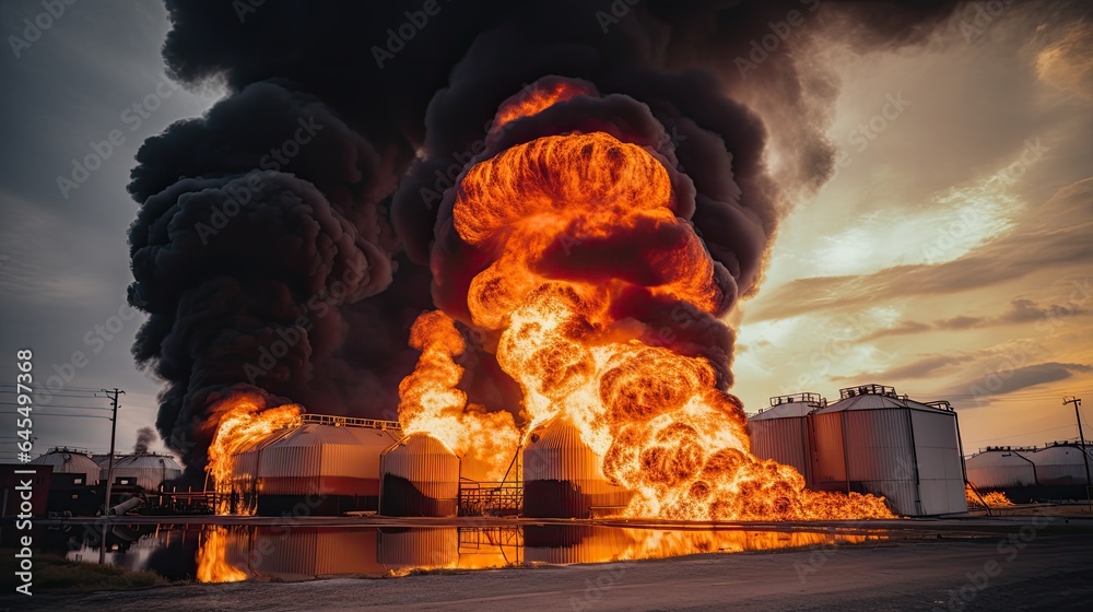Oil storage fire. A metal industrial tank farm is on fire. Black smoke billows in the sky. Concept technogenic disaster and ecological catastrophy. Illustration for banner, poster or presentation. - obrazy, fototapety, plakaty 