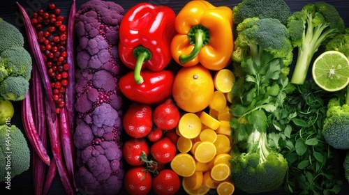 Background of vegetables, fruits and berries. Top view of stalls with organic plant products in the farmer's market or store. Products for a healthy diet. Bright colorful showcase.