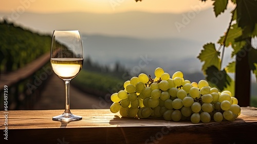 A bunch of grapes and one glasse of white wine or juice at sunset. Illustration for cover  card  postcard  interior design  decor  packaging  invitations  advertising  marketing or print.